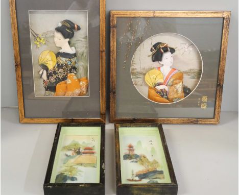 Four oriental pictures framed; two featuring Geisha girls in maiden shadow art and two vintage small Japanese shell art piece