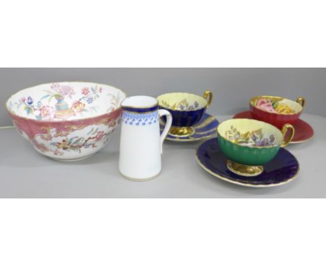 A M&amp;K English Porcelain bowl, a/f, two hairline cracks, three Aynsley cabinet cups and two saucers, two signed JA Bailey,