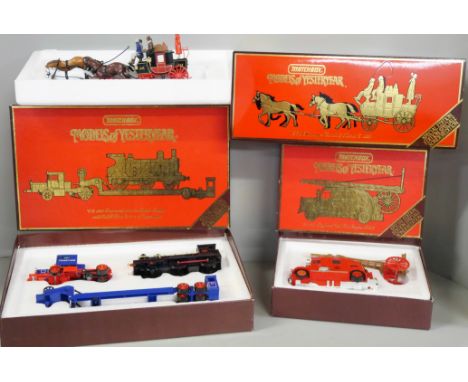 Three Matchbox Models of Yesteryear, 1936 Leyland Fire Engine, 1820 Passenger Coach &amp; Horses and a Scammell 100 Tonne Tru