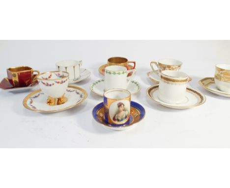 Collection of 9 porcelain cabinet cups and saucers to include Vienna porcelain cabinet cup decorated with portrait of a lady 