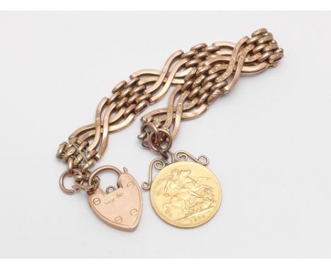 Rose gold gate bracelet stamped 9ct with heart padlock fastening - 13.5g set with 1915 pendant mounted gold sovereign