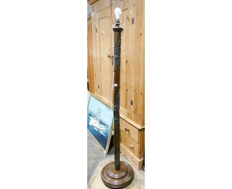 Carved Chinese hardwood standard lamp with shade 
