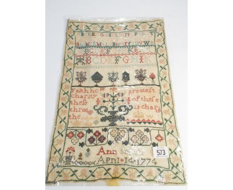 Unframed 18th century needlework sampler Anne Smith April 1774 41cms x 29cms - Item is in plastic bag - it has not been lamin