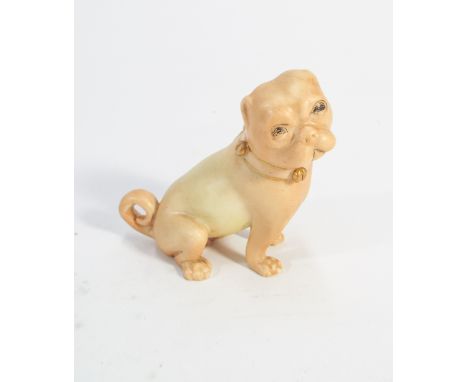 Royal Worcester blush ivory model of a seated pug dog.  Height 8cm   No obvious sign of damage or repair, eye paint worn, 