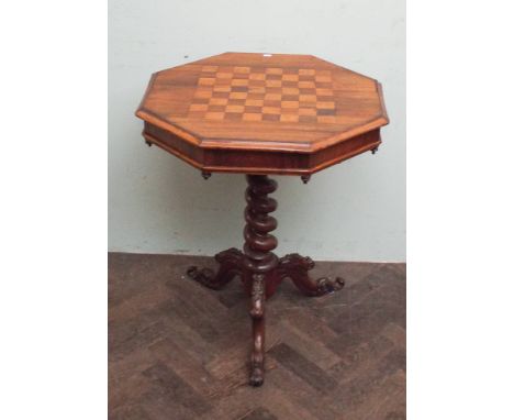 Victorian octagonal rosewood chess top occasional table on barley twist single pillar and tripod base