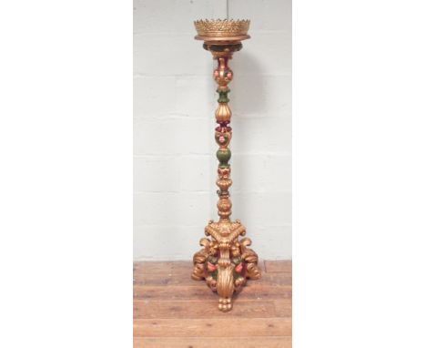 Decorative gilt and painted lamp standard with brass crown top 