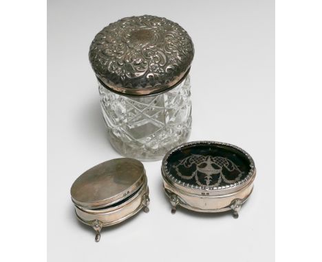 Cut glass and silver mounted dressing table jar, oval tortoise shell and pique work trinket box and another silver trinket bo