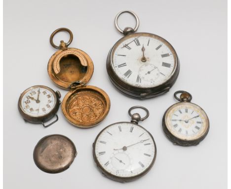 Two Victorian silver pocket watches, vintage wristwatch, plated pocket watch and a brass sovereign holder