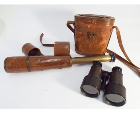 Parker Hale 20 times spotter telescope and a pair of vintage binoculars both with brown leather cases  
