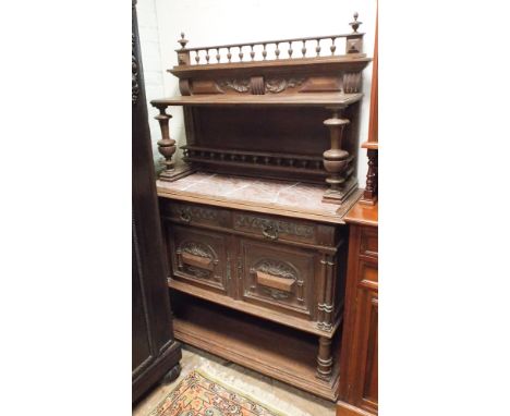 3'9 French carved oak buffet with shelf back and rouge inset marble (marble has been repaired)