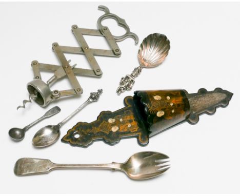 Victorian black lacquer Chinoiserie wall mounting match striker, collectable old corkscrew and plated items to include a cadd