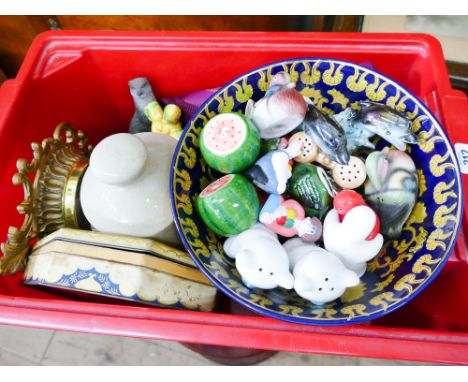 Various small ornaments, hot water bottle, barometer etc 