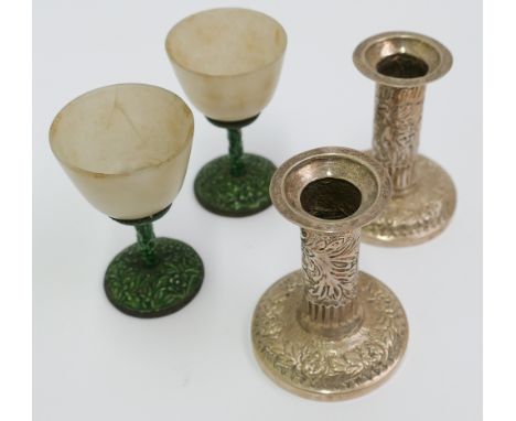 Pair of silver dressing table candles sticks and a pair of alabaster goblets on green enamel bases 