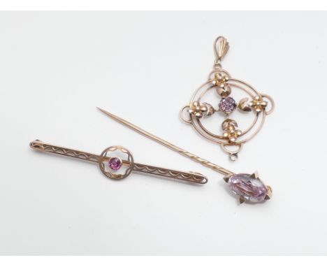 Victorian amethyst stick pin in fitted case, with Edwardian amethyst pendant and a 9ct gold bar brooch also set with amethyst