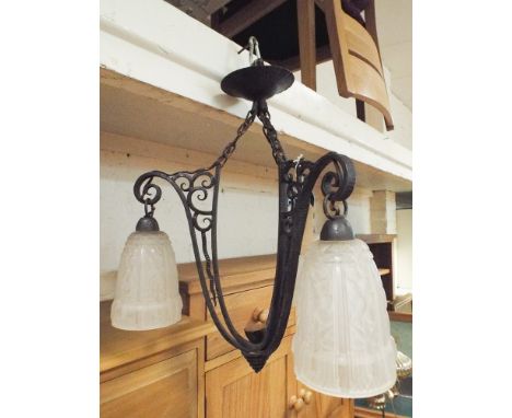 3 branch wrought iron hanging ceiling light fitting with decorative glass shades 