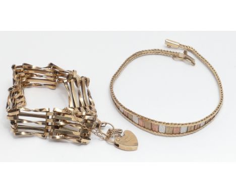 Modern 9ct three colour gold bracelet and a 9ct gold gate bracelet with heart shaped padlock fastening.  Gross weight 13.3g