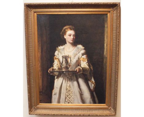 Victorian style oleograph painting in a swept gilt frame full length portrait of an Elizabethan lady 1mtr by 74cms plus gilt 