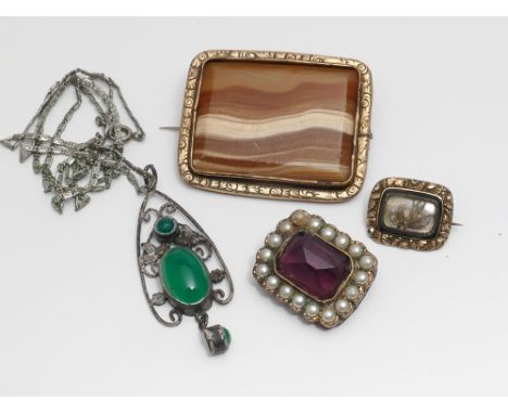 Vintage silver pendant necklace, 19th century mourning brooch, an agate brooch and another Victorian brooch