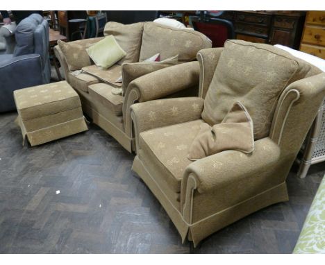 A 2 seater settee with loose cushions in brown moquette with 1 matching chair and pouffe 