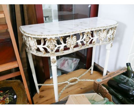 Cream and gilt decorated console table with imitation marble top 