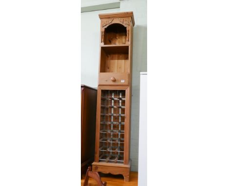 Tall narrow pine shelf unit with wine rack under 