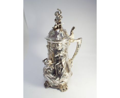 Large and impressive Art Nouveau style silver plated continental tankard relief moulded with classical maidens with looped pl