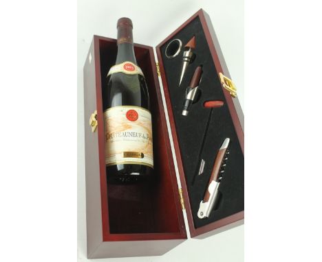 1 Bottle in 'finished wood' Presentation Box Chateauneuf du Pape E Guigal - from the excellent 2001 vintage including Waiters