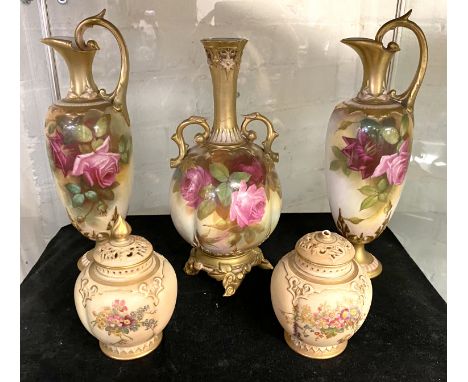 5 ROYAL WORCESTER PIECES OF CHINA, PAIR OF JUGS &amp; PAIR OF VASES  - ONE IS DAMAGED