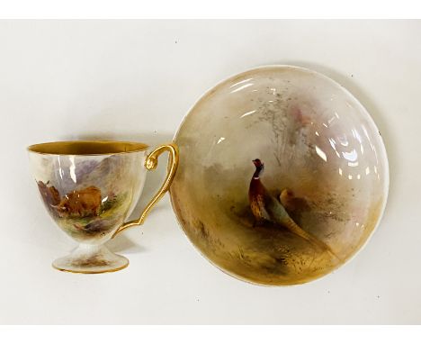 HAND PAINTED CUP &amp; DISH BY J. SINTON ROYAL WORCESTER - HAS A CHIP ON DISH AND HAIR LINE CRACK ON THE CUP
