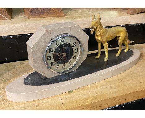 ART DECO MARBLE CASE DOG FIGURE MANTLE CLOCK