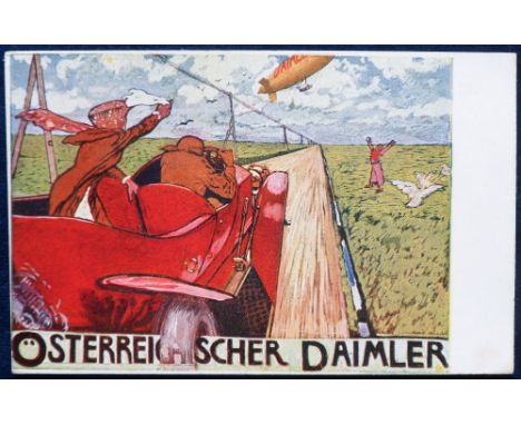 Postcard, Advertising, Motoring advert for 'Osterreichscher Daimler', from Automobile Ausstellung Stand 66, car chasing airsh