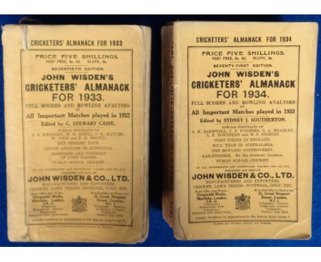 Cricket, 2 x John Wisden's Cricketers' Almanacs. Softbacks, 1933 (some chips, tears and age toning), 1934 some age toning and