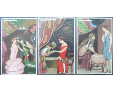 Postcards, an Art Deco selection of 3 cards illustrated by Chiostri, all related to fortune telling and featuring Art Deco pe