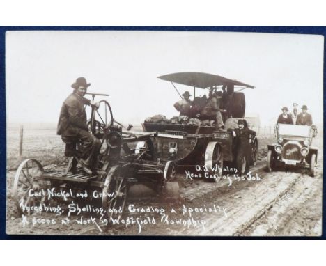 Postcard, USA, Rural, unusual RP promotional card showing Carl Nickel and crew with steam engine, threshing, shelling and gra