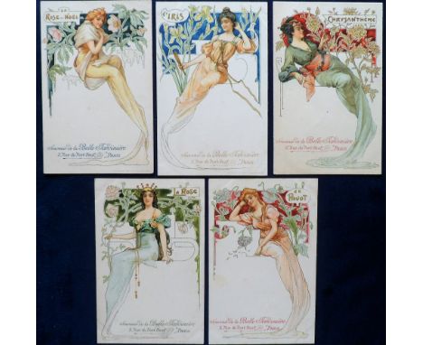 Postcards, Art Nouveau, Glamour, Girls &amp; Flowers, 5 cards with adverts for Belle Jardiniere, Chrysanthemum, Iris, Christm