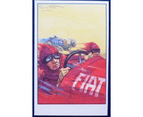 Postcard, Advertising, artist drawn Motoring advert for Fiat, art deco Racing cars (unused vg) (1)