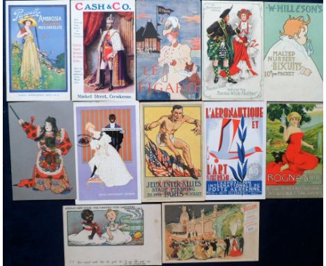 Postcards, Advertising, 12 cards inc. Cash &amp; Co, Le Figaro, Hills Biscuits, Sapporo Brewery Japan ‘Welcome to the British