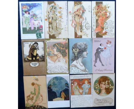 Postcards, Glamour, a mixed, mostly glamour selection of 12 cards, Artists include Kosa, Mosa, Mucha (salon type religions), 