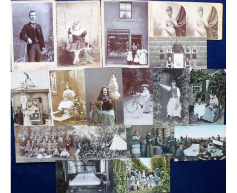 Postcards &amp; Photographs, selection of 17 cards &amp; photos inc. Pierrots, Social History, Herring Basket Making, Hop Pic