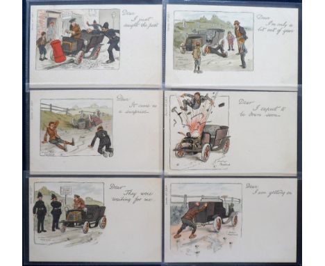 Postcards, Comic, a set of 6 motoring comic cards illustrated by Arthur Moreland series 233 A-F possibly published by C.W.Fau