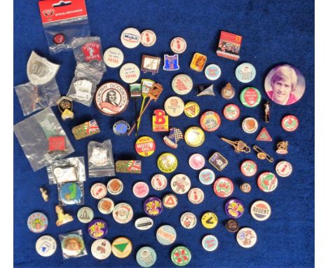Badges, a collection of 80+ badges dating from circa 1950s to 2000s to include 16 x Speedway (Hull, Cardiff, Mildenhall, Kent