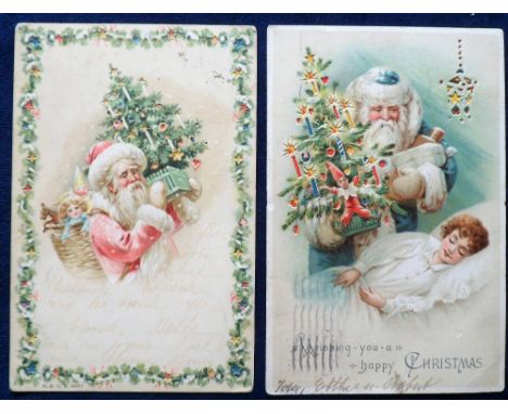 Postcards, Santa Hold to Light, two cards, carrying Christmas trees, 51 &amp; 45 lights, (meter mark , one with wtf, gen. gd)