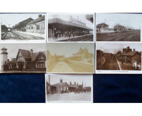 Postcards, Rail, a selection of 7 RPs of UK railway stations with interior views of Rochford (faded), Mablethorpe (crease), B
