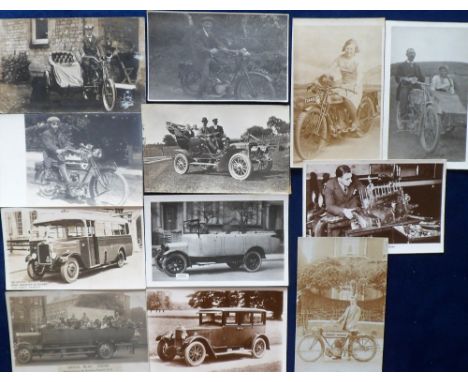 Postcards, Motoring, 12 RP's, Motorcycles (6), Cars (2), Charabancs (2), Motor Bus &amp; AA Engine Inspection, (gd/vg) (12)