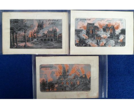 Postcards, a selection of 3 woven silks in the Flames series inc. St Quentin 1917, Arras 1915, Peronne 1917 (mixed condition,