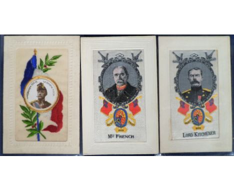 Postcards, a selection of 3 silks with 2 woven of Marshall French and Lord Kitchener, both published by E.D Paris, and embroi