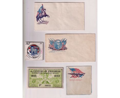 Ephemera, USA to comprise 1933 'A Century of Progress' exposition ticket, 1968 Nixon/Agnew pin badge, 3 illustrated Civil War