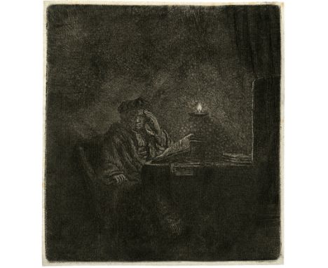 Rembrandt Harmensz. van Rijn -- Nachdenkender Mann bei Kerzenschein. Radierung. 14,5 x 13,3 cm. Um 1642. B. 148, White/Boon (