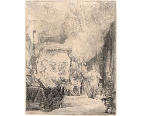 Rembrandt Harmensz. van Rijn -- Der Tod Mariens. Radierung. 39,3 x 31,1 cm. 1639. B. 99, White/Boon (Hollstein) 99 III, Nowel