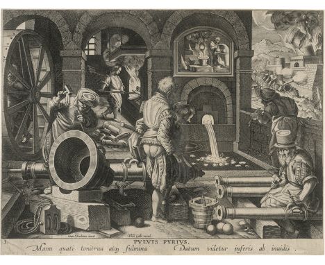 Stradanus, Johannes - nach -- nach. Pulvis Pyrius - Die Erfindung des Schießpulvers. Kupferstich. 20,1 x 26,7 cm. Um 1591. Ho